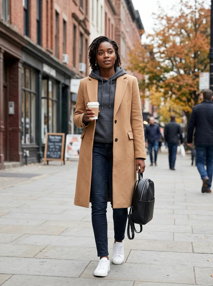 A woman wearing a tailored coat over a hoodie for a modern winter layered look.