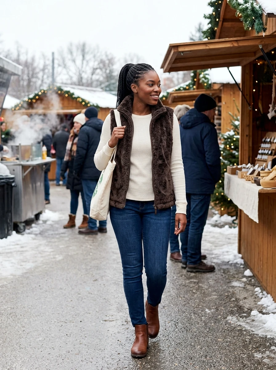 A woman wearing a faux fur vest and dark denim for a textured winter look.