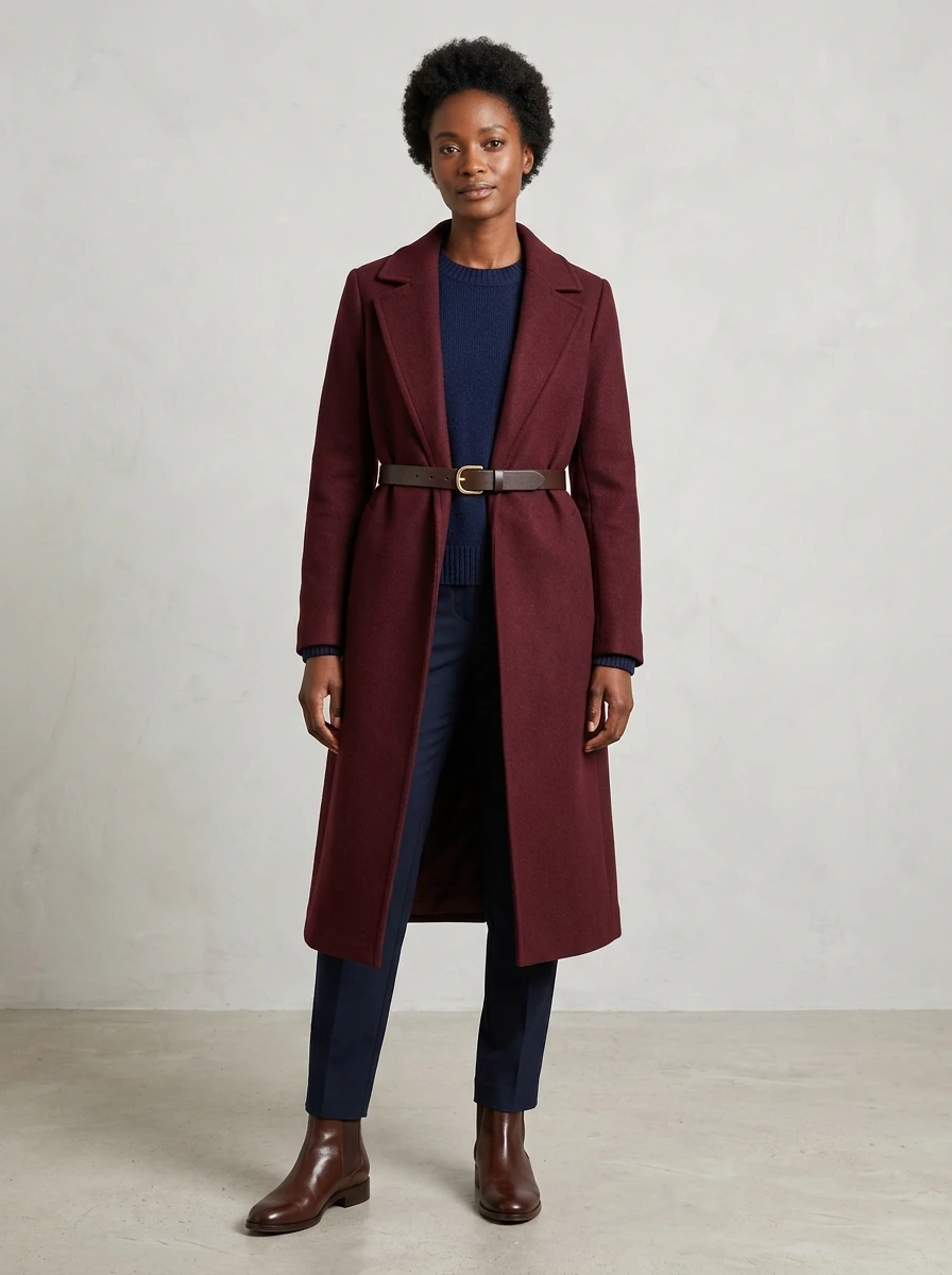 A woman wearing a stylish burgundy and navy color blocked winter outfit.