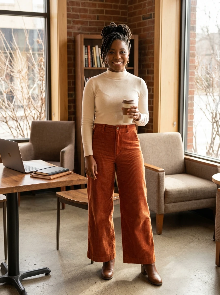 A woman wearing wide leg corduroy trousers and a mock neck top.