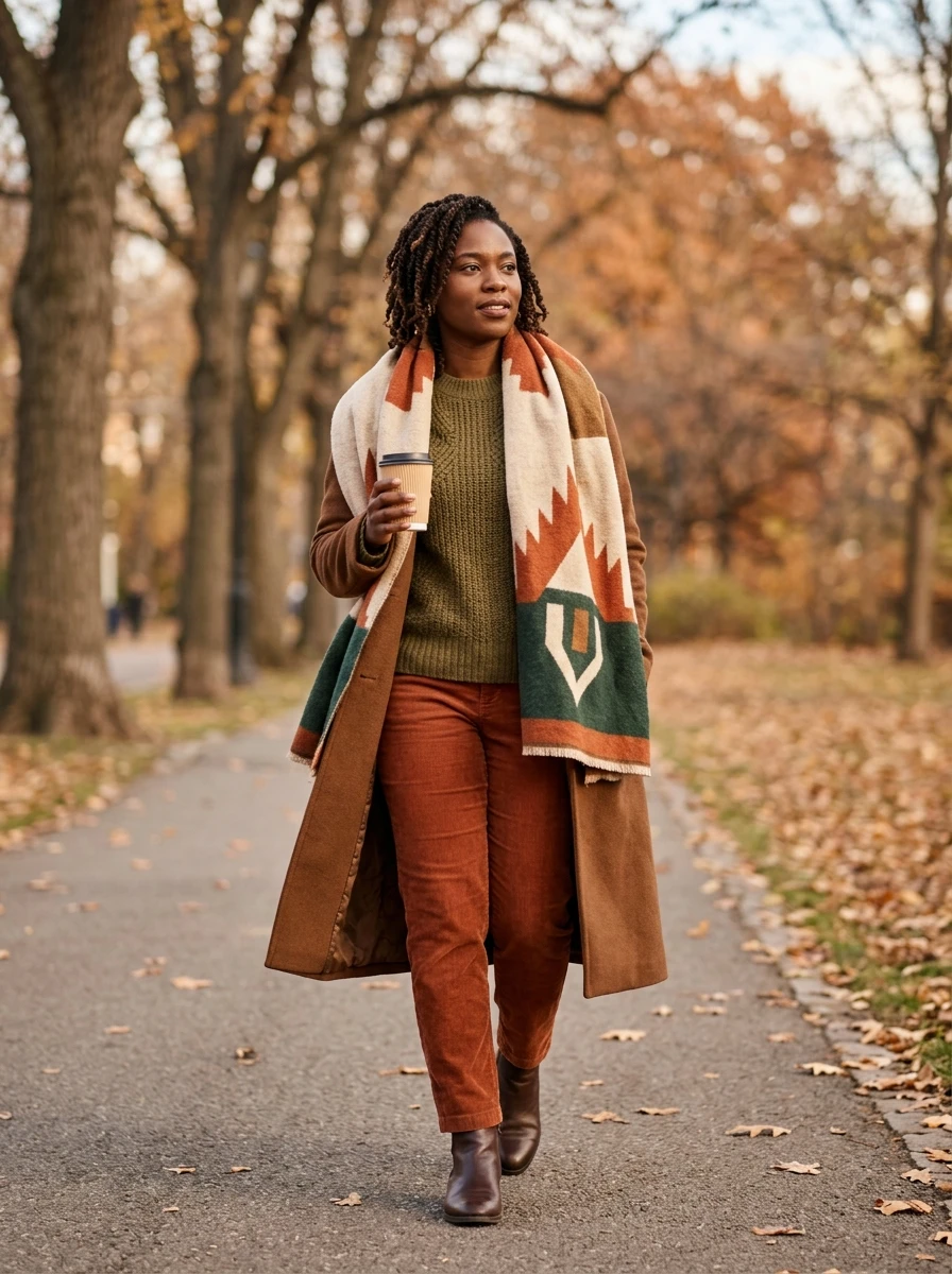 A woman wearing an earth toned outfit accented with a patterned scarf.