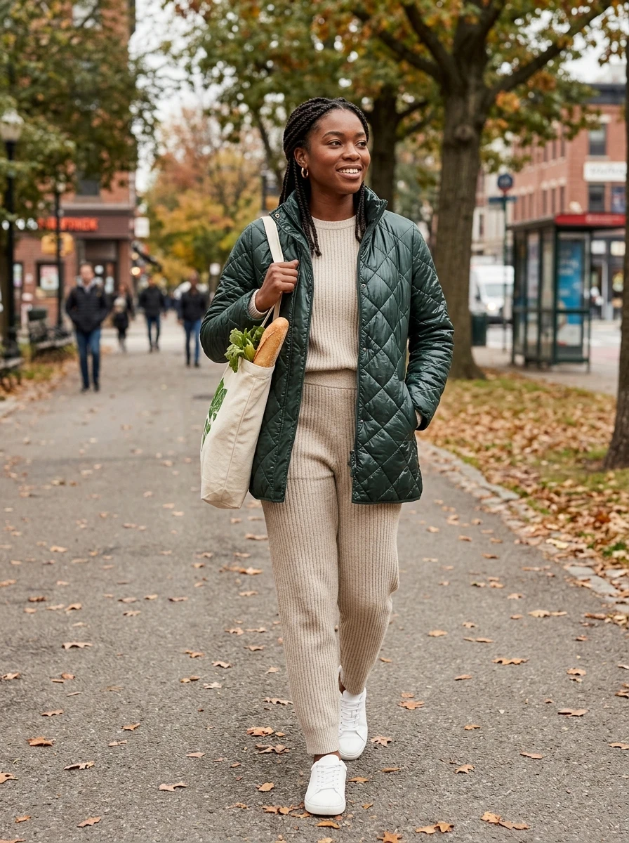 A woman wearing a quilted jacket and a matching knit set for a cozy winter outfit.