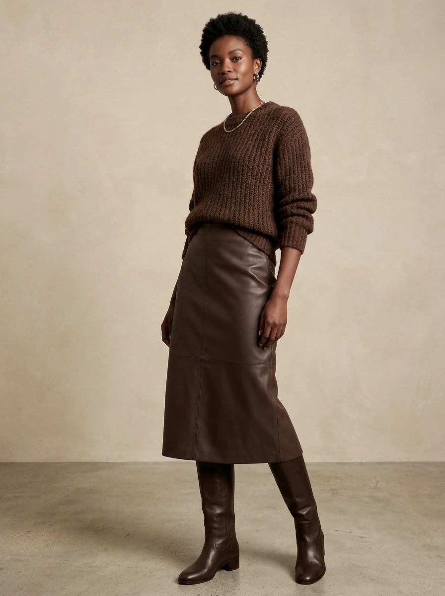 A woman wearing a matching chocolate brown leather midi skirt and knit sweater ensemble.