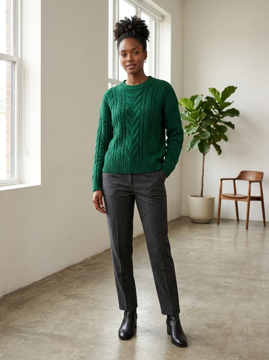 A woman dressed in a rich emerald green sweater and charcoal gray trousers.