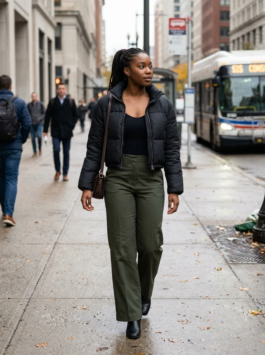 A woman in wide leg trousers and a cropped puffer jacket showcasing a balanced winter silhouette.