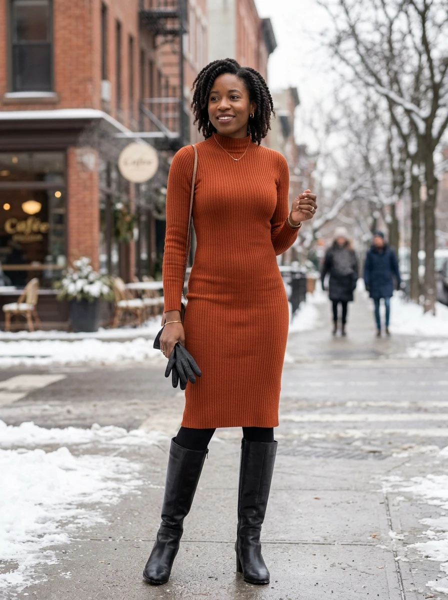 A woman wearing a cozy knit midi dress paired with tall leather boots.