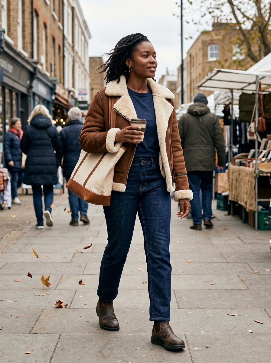 A woman wearing a warm suede shearling jacket paired with dark denim jeans.