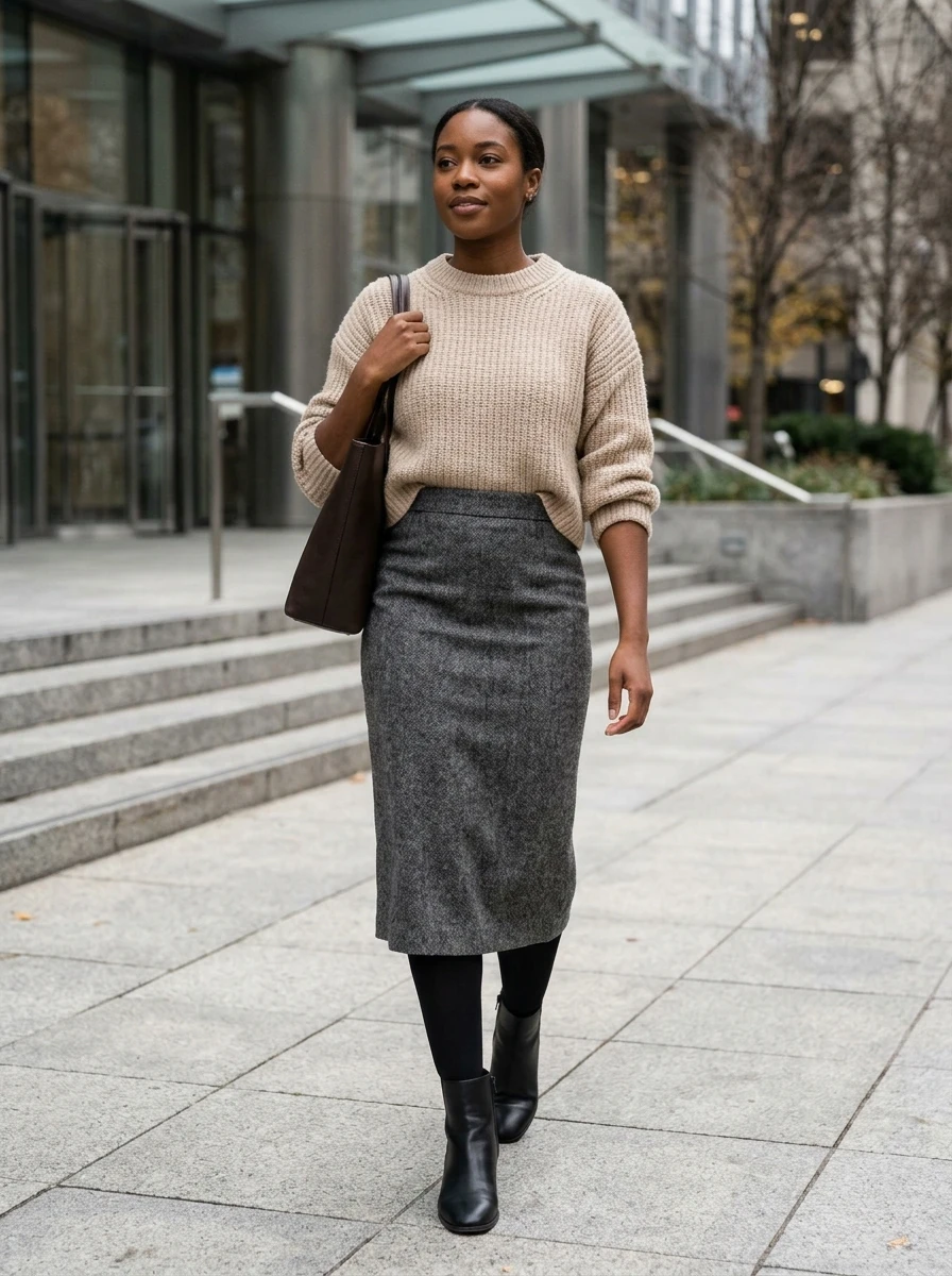 A woman showcasing a high rise wool midi skirt paired with a cropped sweater.