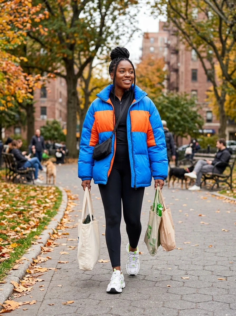 A woman in a statement puffer jacket and leggings for a sporty winter look.