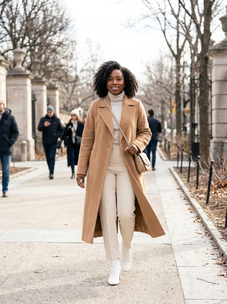 A woman wearing a sophisticated camel and cream neutral winter outfit.
