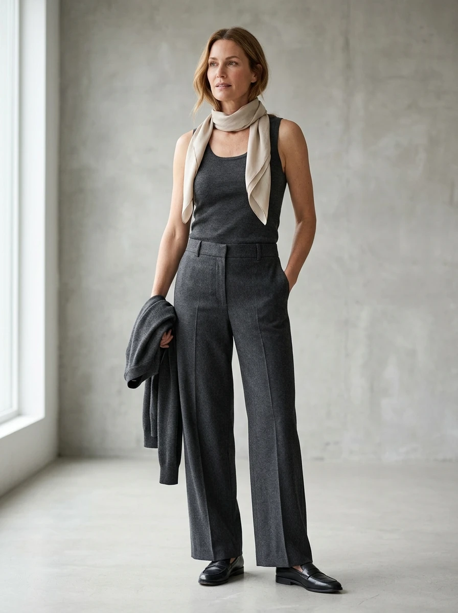 An adult woman styled in wide leg trousers and a fitted tank, showcasing a balanced and comfortable silhouette for early fall.