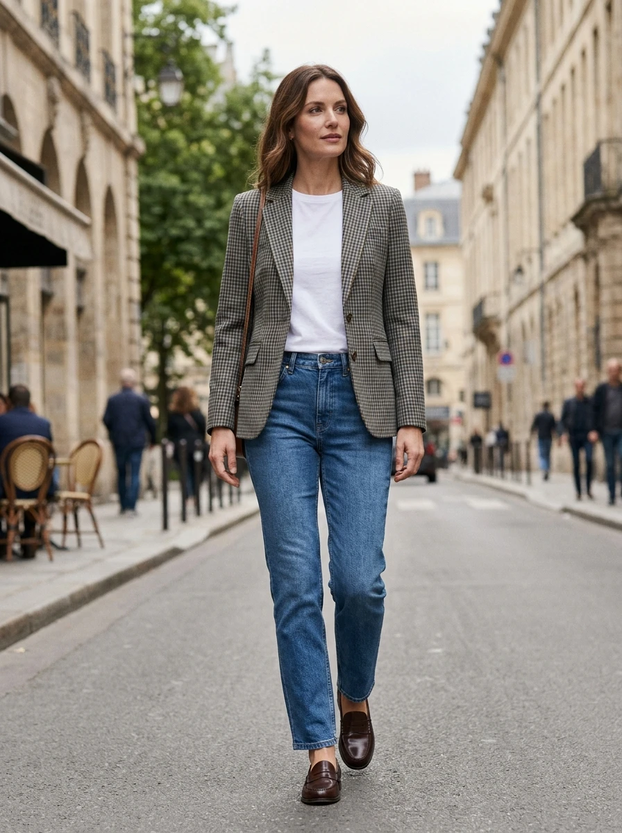 A woman wearing a tailored plaid blazer over a simple tee and jeans, representing a timeless and easy fall outfit.