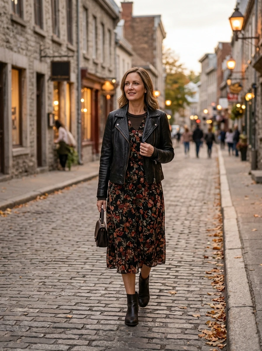 An adult woman wearing a leather jacket over a floral dress, highlighting a stylish way to transition summer pieces into fall.