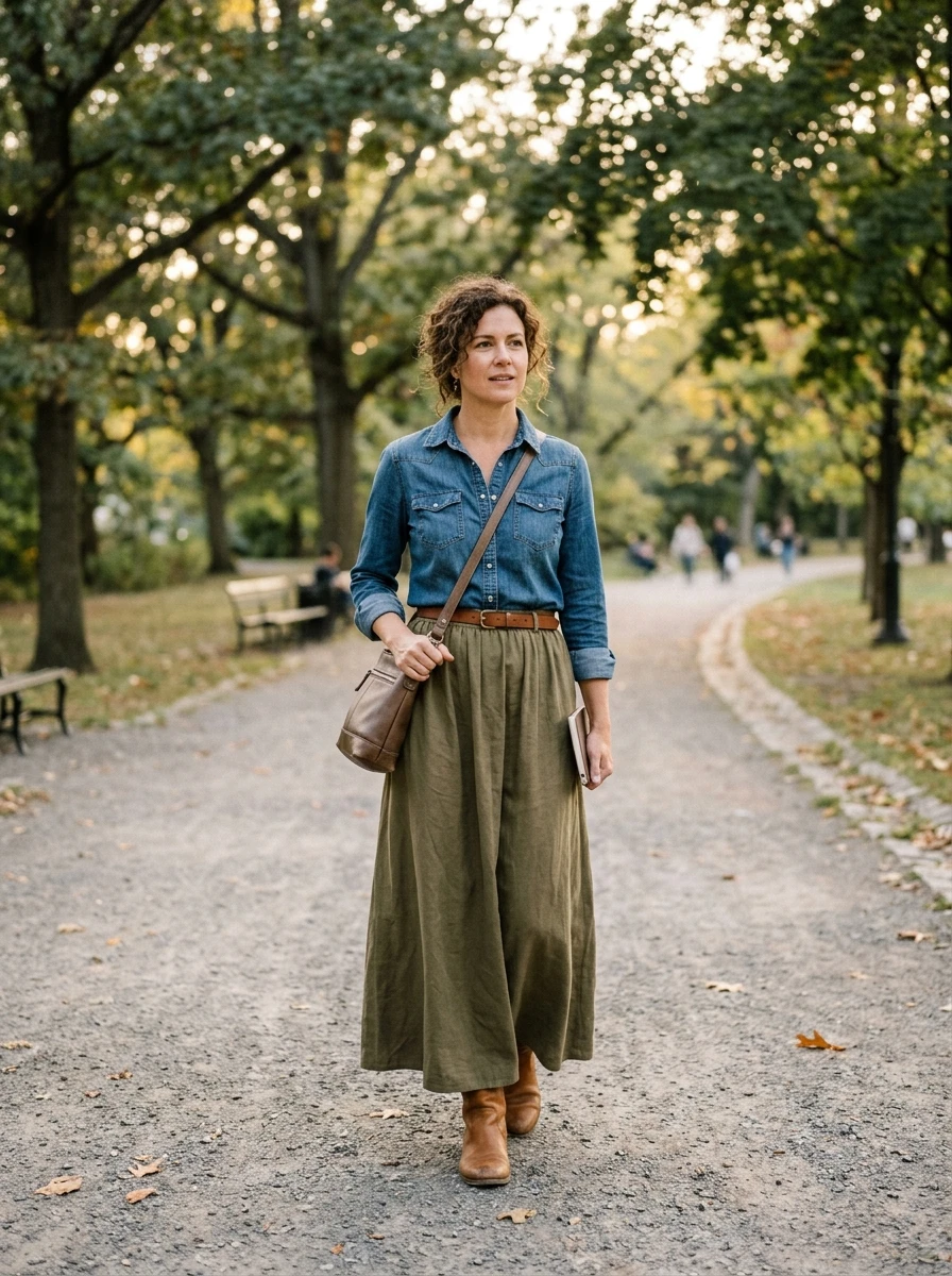 An adult woman wearing a flowy maxi skirt paired with a denim shirt, creating a comfortable and stylish look for the season.