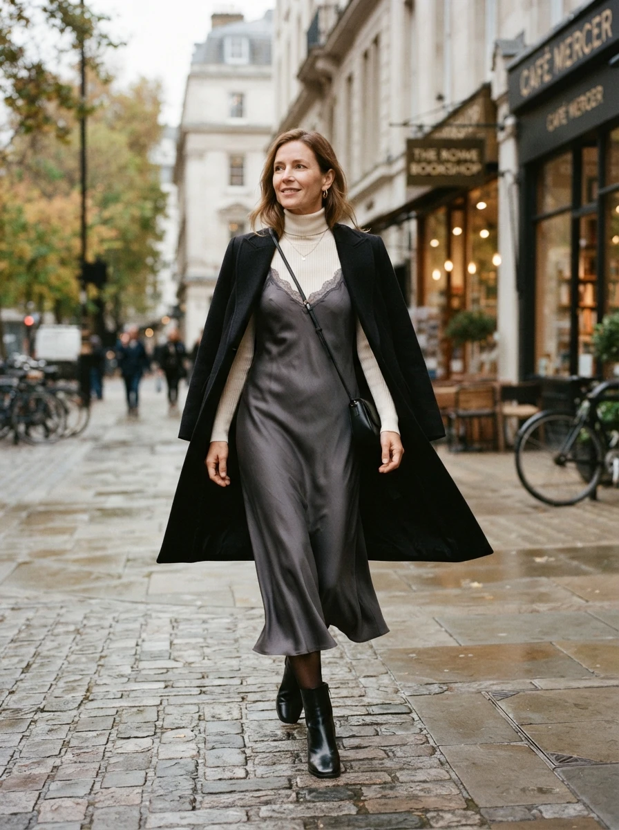 An adult woman wearing a fitted turtleneck layered under a slip dress, demonstrating a clever way to keep wearing summer dresses.