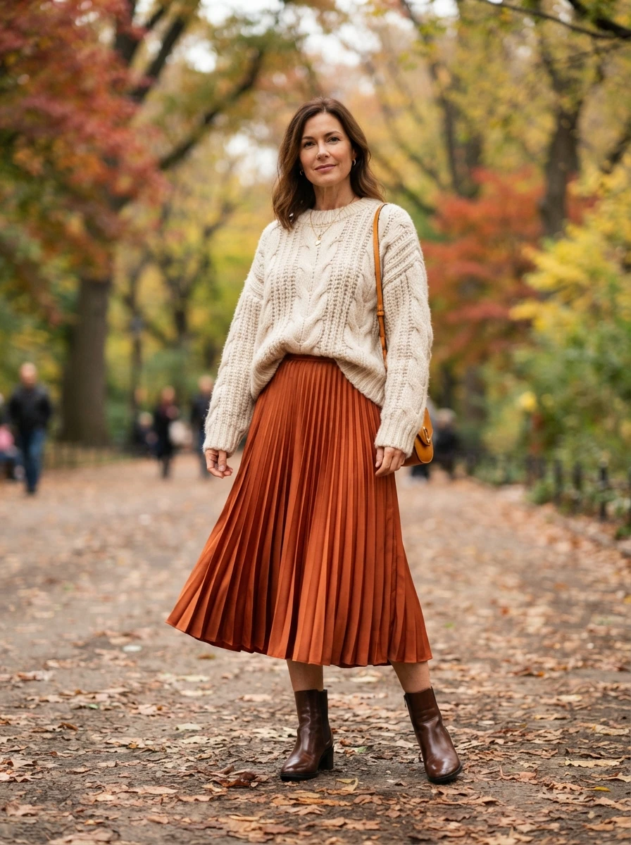 A woman wearing an oversized sweater tucked into a midi skirt, highlighting a cozy and balanced early fall outfit.
