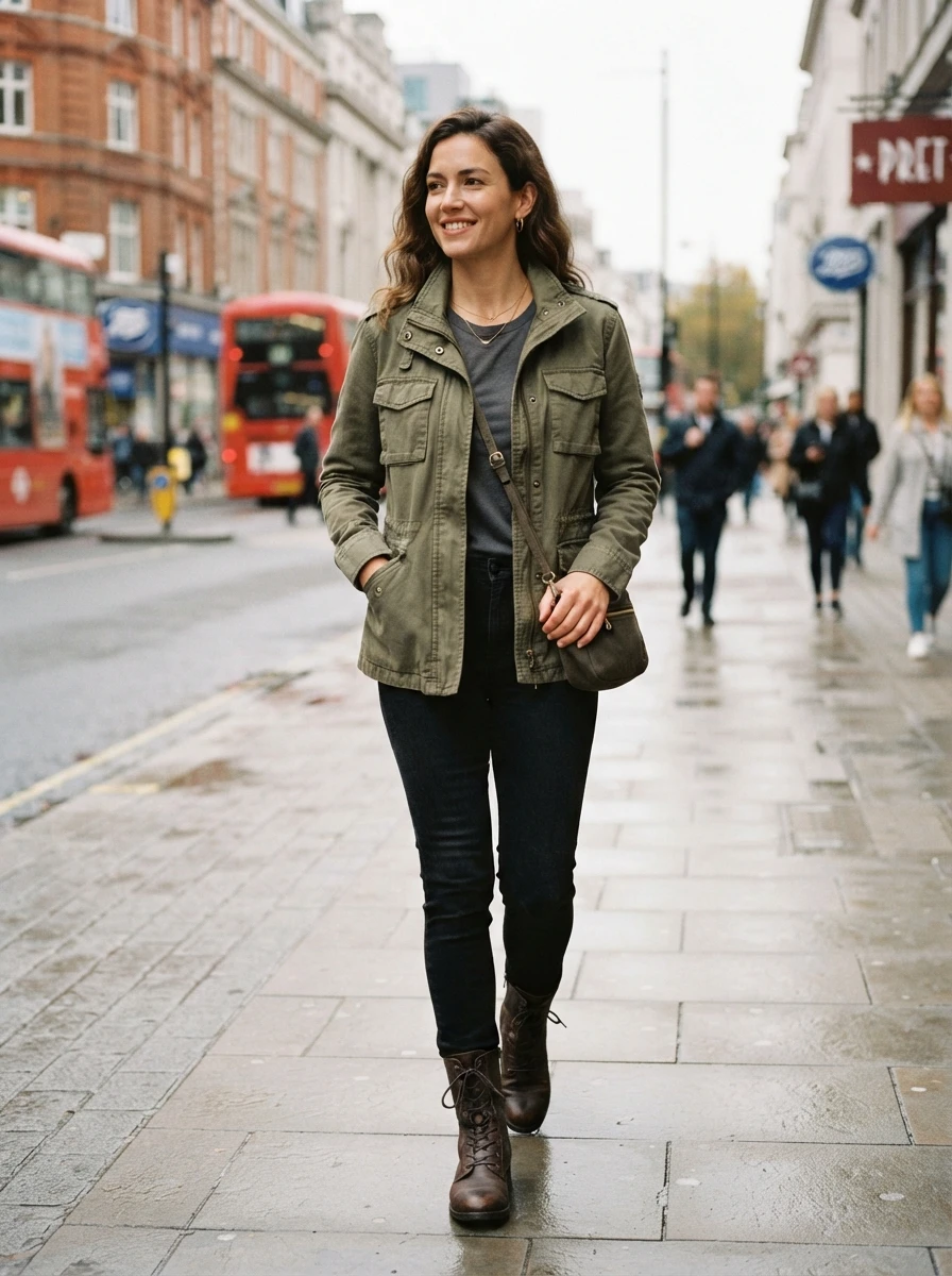 An adult woman wearing a utility jacket with black jeans and boots, showcasing a functional and stylish outfit for the season.