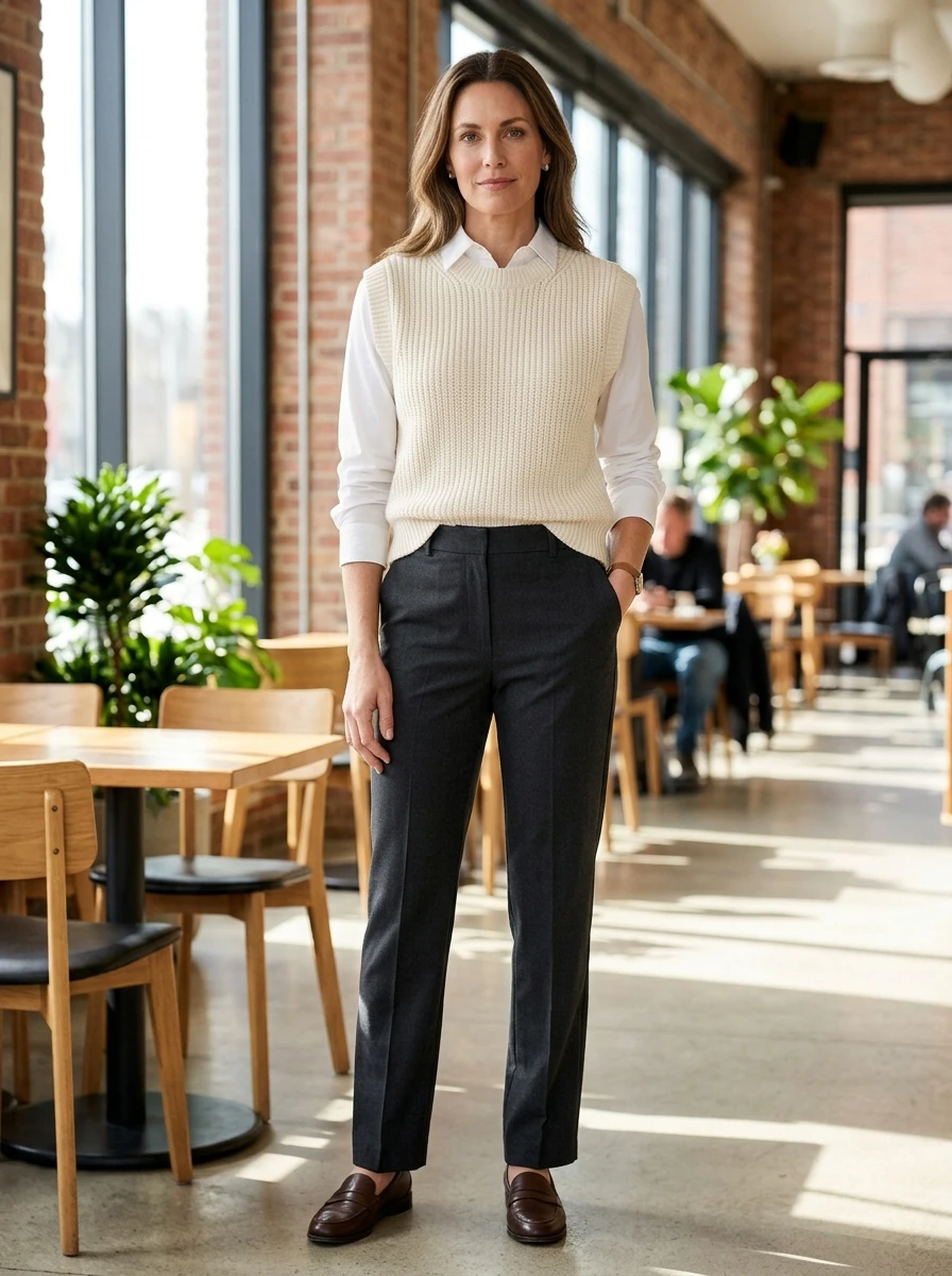 An adult woman styled in a knit vest layered over a white shirt and tailored trousers, capturing a smart casual early fall aesthetic.
