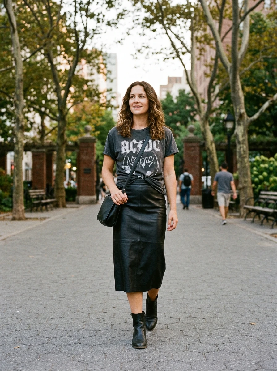 A woman wearing a leather midi skirt paired with a graphic tee and boots, demonstrating a balanced mix of textures for autumn.