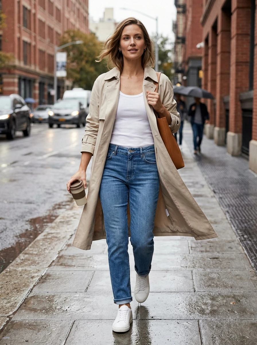 An adult woman wearing a classic trench coat over casual jeans and a tank top, highlighting a simple early fall outfit.