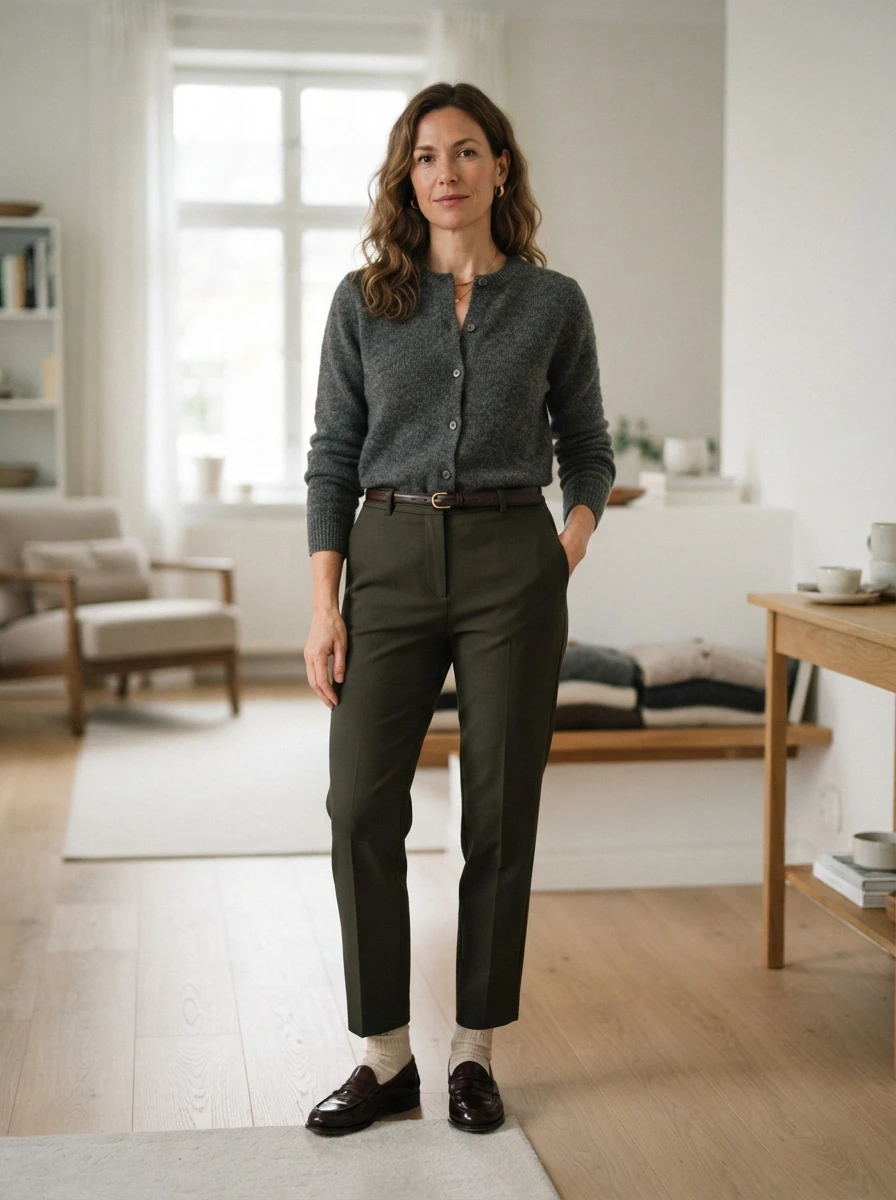 An adult woman wearing a cardigan buttoned as a top with trousers, emphasizing a clean and functional early autumn look.