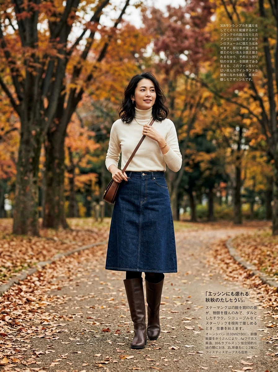 A woman wearing a denim midi skirt paired with tall leather boots and a long sleeve top, creating a classic seasonal transition look.