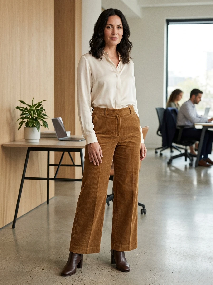 An adult woman styled in corduroy trousers and a silk blouse, offering a professional yet textured early fall outfit.
