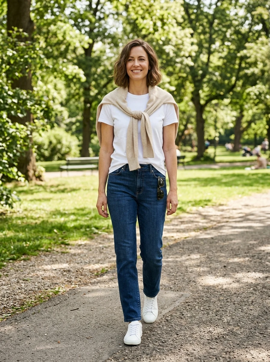 A woman wearing a basic tee and jeans with a sweater draped over her shoulders, demonstrating a smart way to manage temperature shifts.