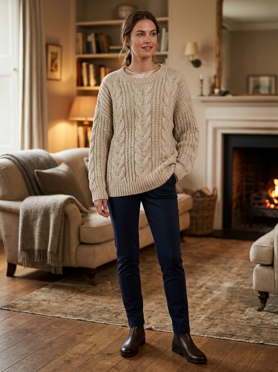 A model styled in an oversized chunky knit sweater paired with slim trousers, captured in a warm and cozy interior setting.