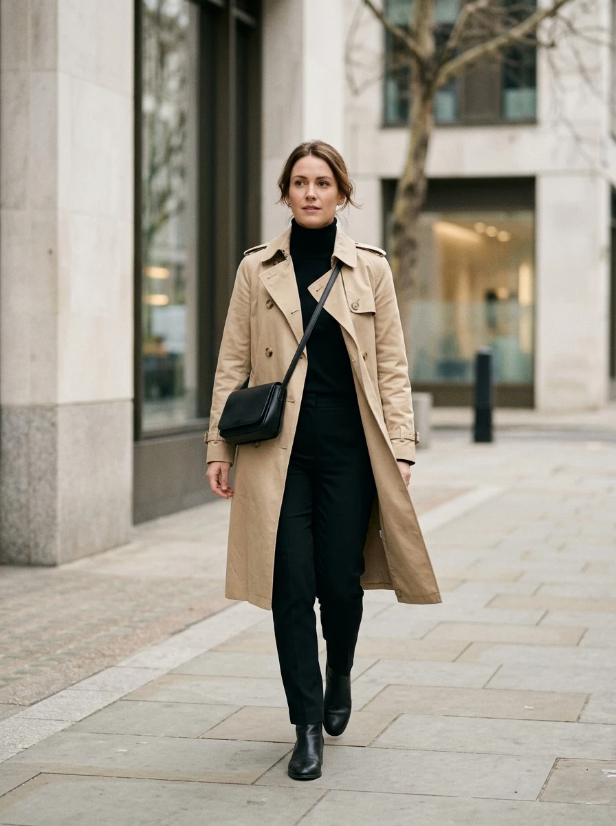 An individual wearing a classic beige trench coat over an all black ensemble, standing on a city sidewalk, highlighting a timeless and versatile look.
