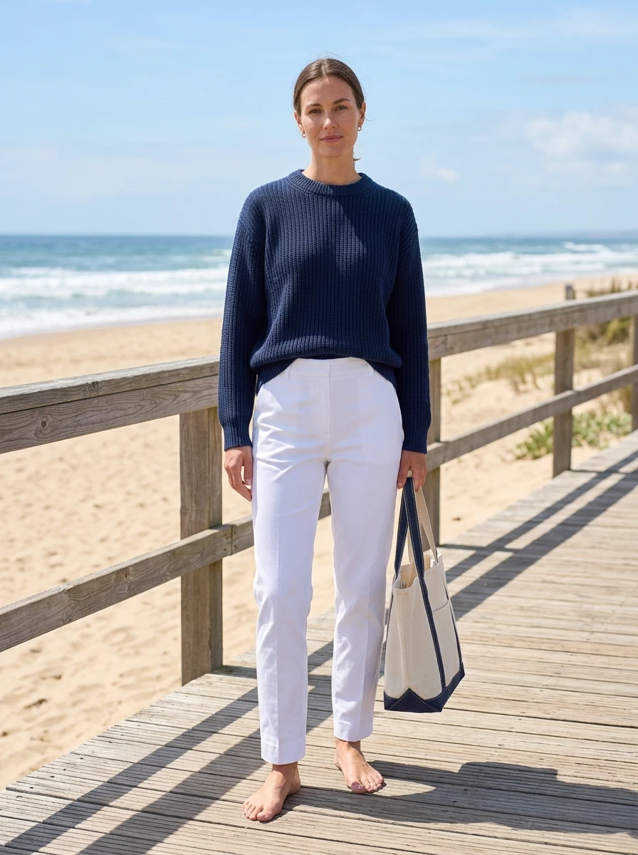 A woman dressed in white trousers and a navy knit sweater, standing on a beach boardwalk, showcasing a fresh and classic color combination.