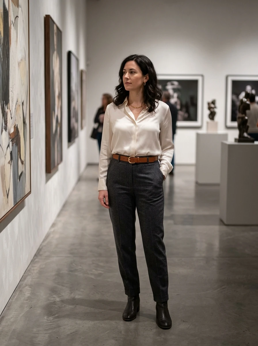 A woman wearing a silk blouse tucked into wool trousers with a leather belt, standing in an art gallery, emphasizing refined details.