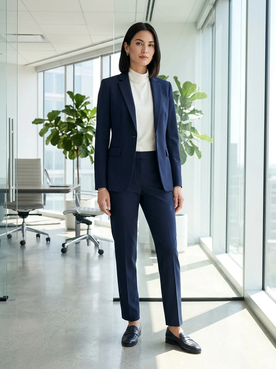 A woman dressed in a high neck top layered under a blazer, standing in a bright office environment, highlighting a professional and sharp aesthetic.
