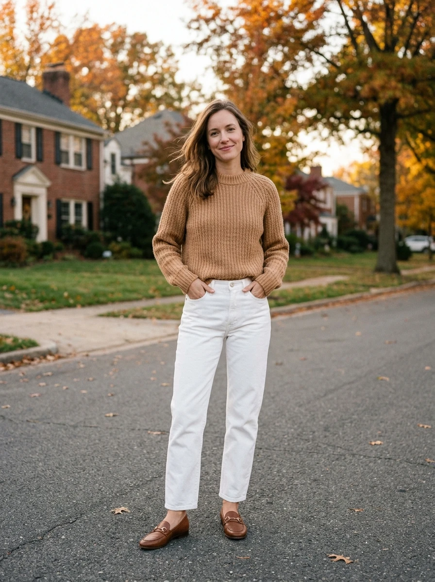 A model wearing white jeans and a camel sweater, standing in a suburban setting with autumn lighting, showing a relaxed yet refined outfit.