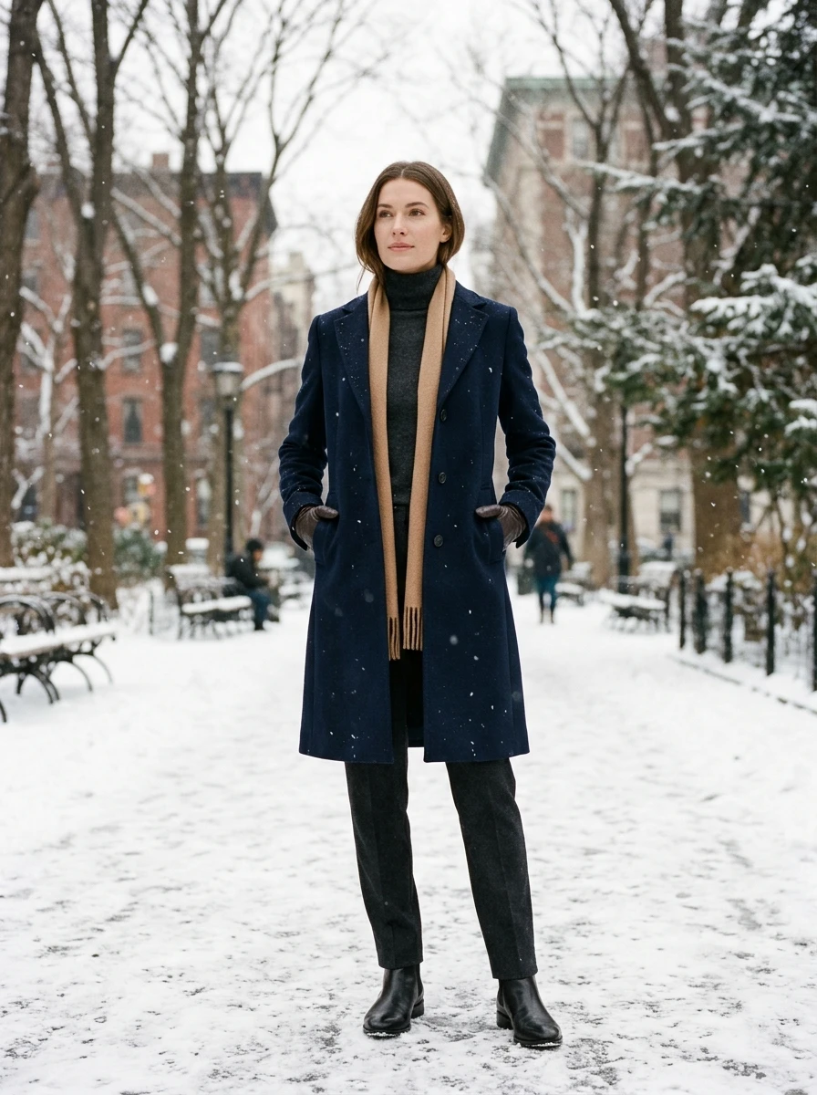 A woman dressed in a turtleneck and a structured wool coat, standing in a park with soft snow, embodying functional elegance.