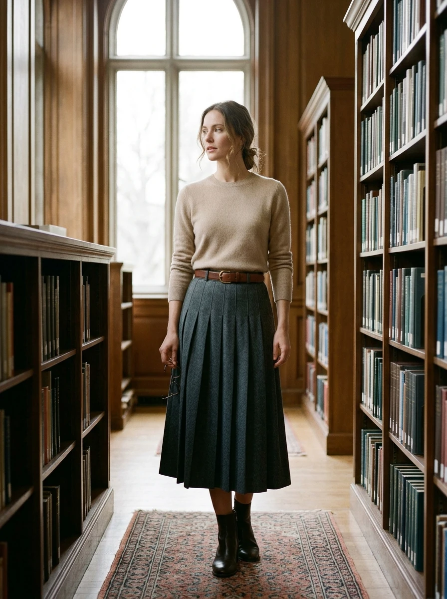 An individual styled in a beige cashmere crewneck sweater tucked into a dark pleated midi skirt, captured in a serene library setting.