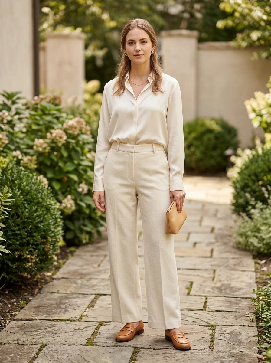 A model dressed in a monochromatic cream look featuring high quality wool trousers and a silk blouse, standing against a neutral stone backdrop.