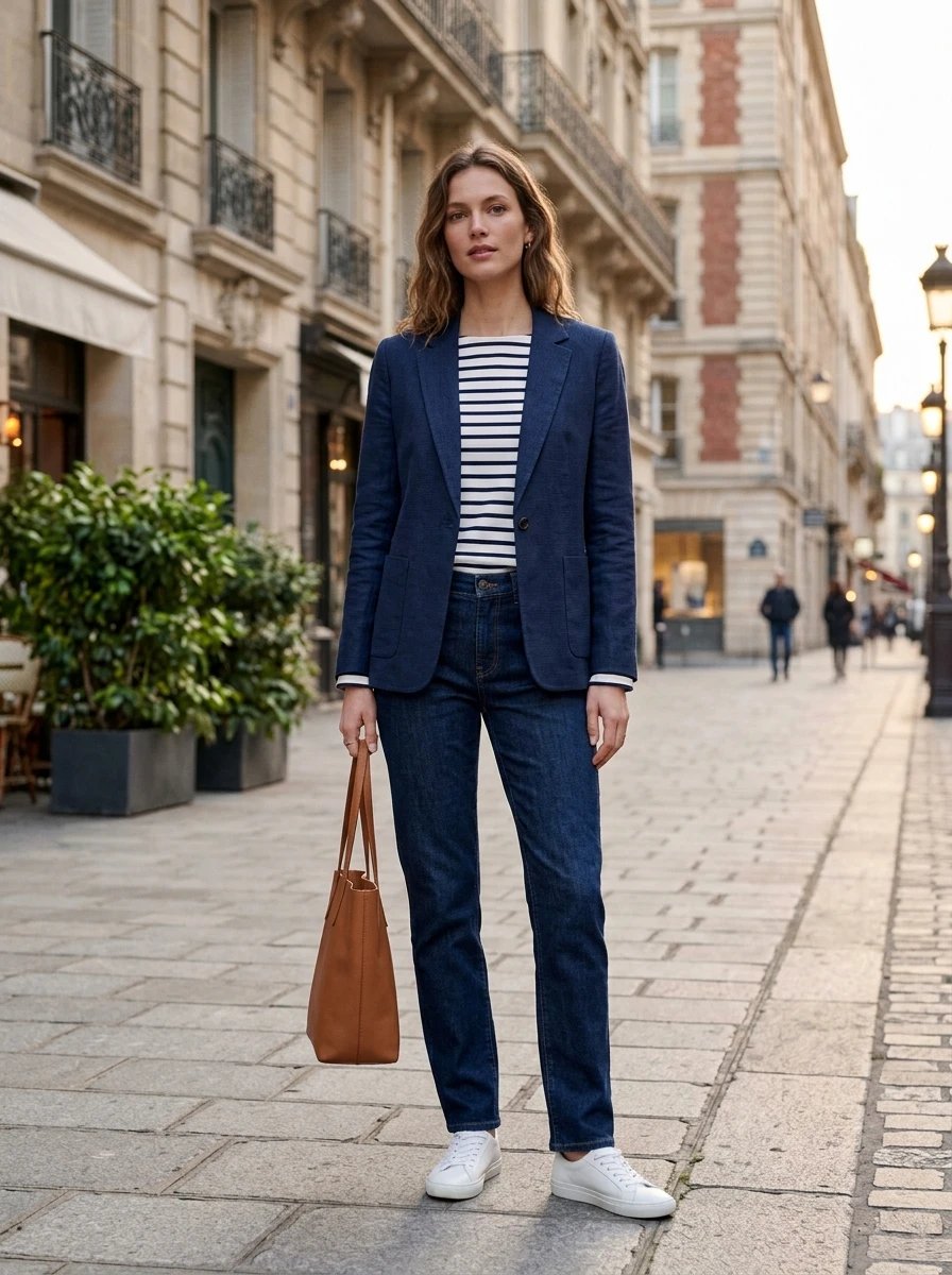 A woman styled in a navy blazer worn over a classic striped tee with dark denim, captured in an urban setting with soft light.