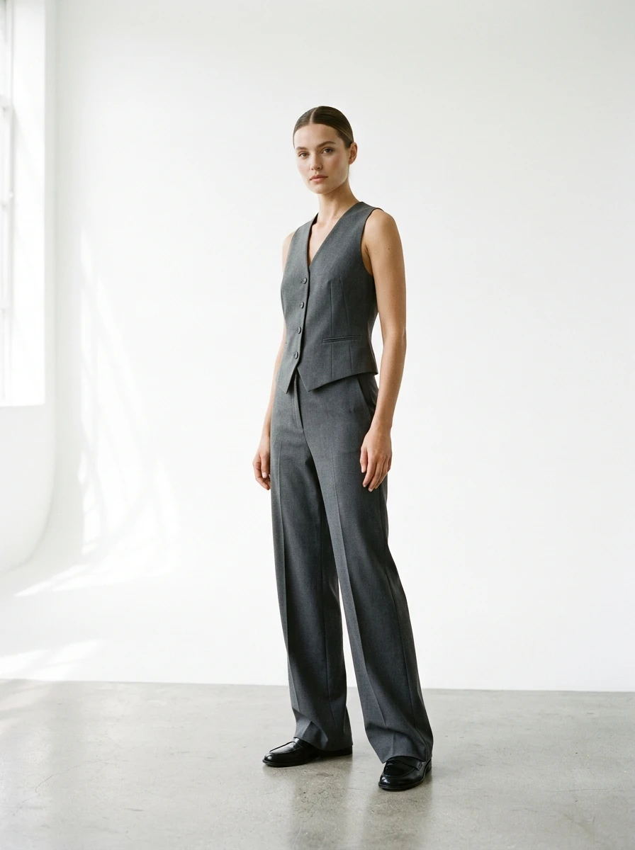 A woman wearing a matching tailored vest and wide leg trousers, showcasing a sleek and modern silhouette in a bright, minimalist environment.