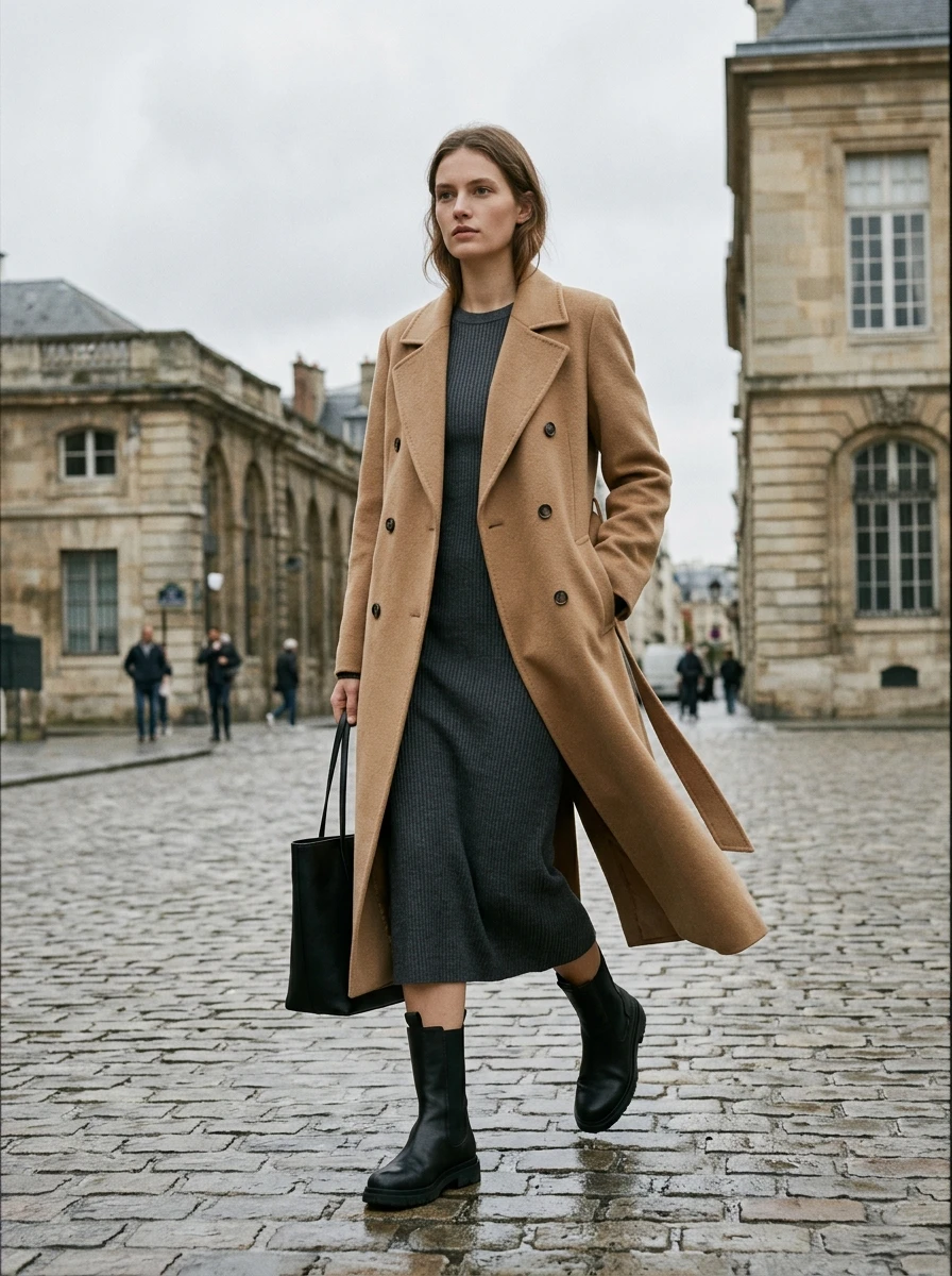A model wearing a long camel coat layered over a charcoal knit dress, standing on a cobblestone street, highlighting the color contrast.