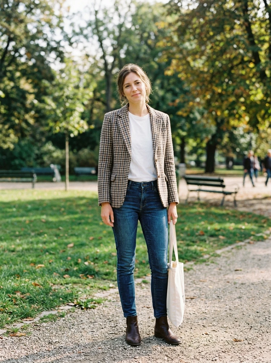 A woman styled in a textured tweed jacket, a simple white tee, and dark denim, captured in a park setting during the day.