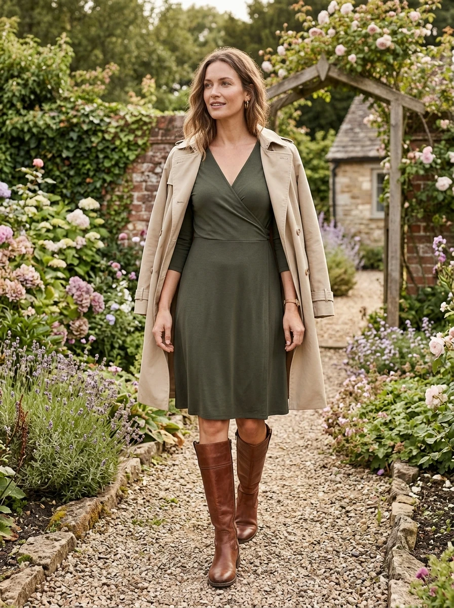 A woman wearing a simple wrap dress and leather boots, standing in a lush garden setting, embodying a graceful and classic look.