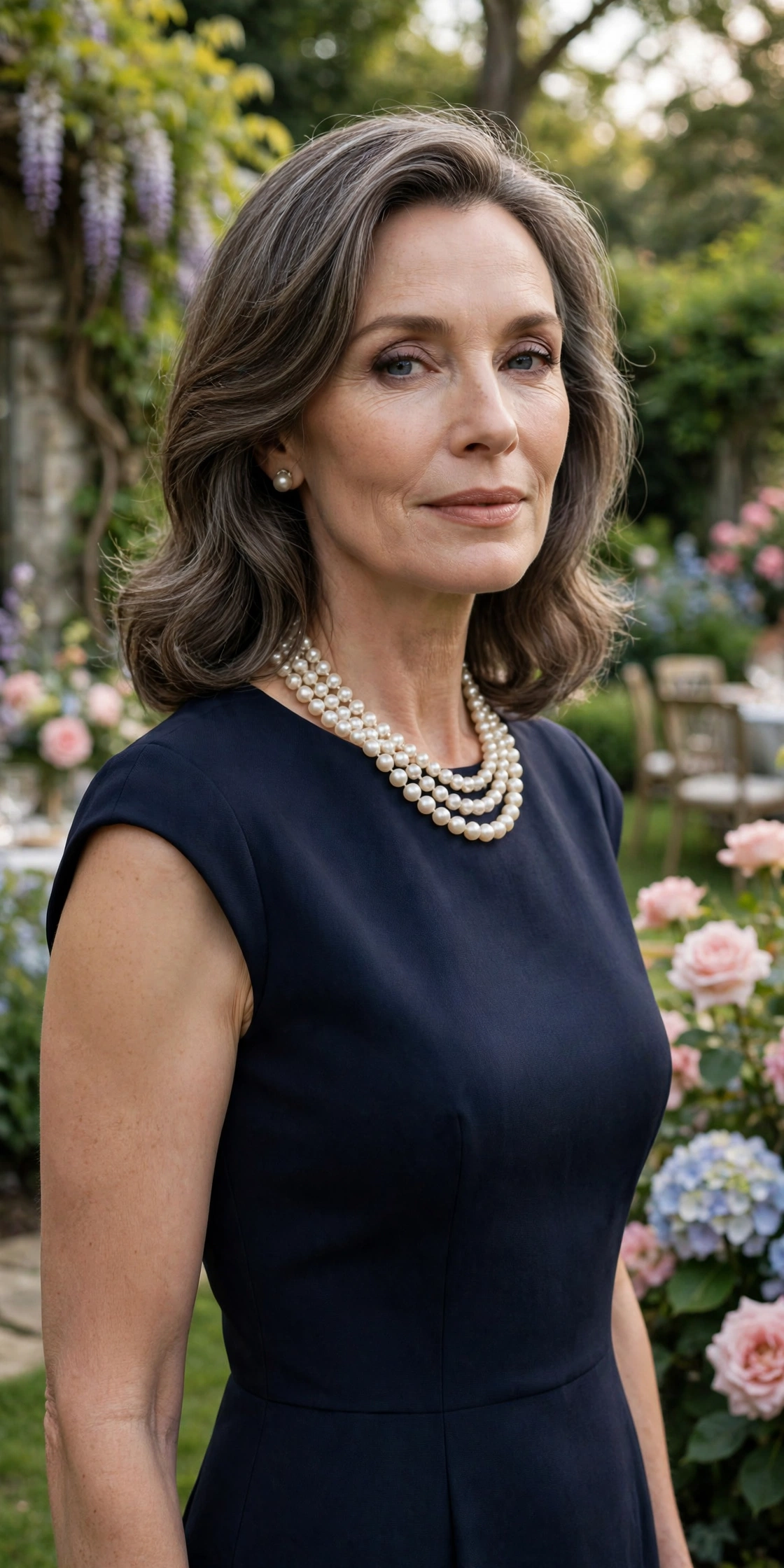 Elegant woman in her 50s wearing a burgundy velvet blazer with a charcoal sheath dress at an evening event