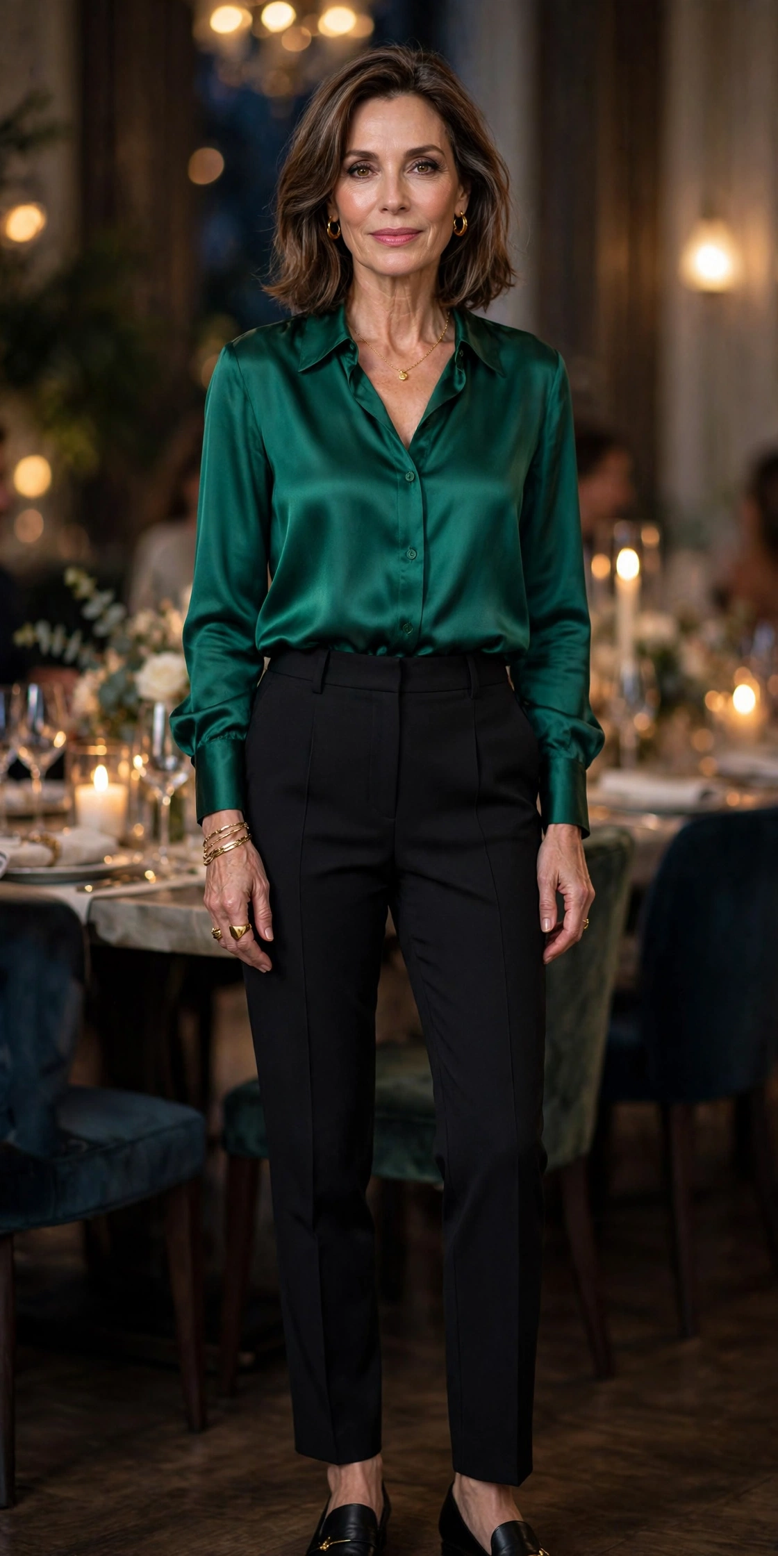 Elegant woman in her 50s wearing an emerald silk blouse with black tailored trousers at a dinner party