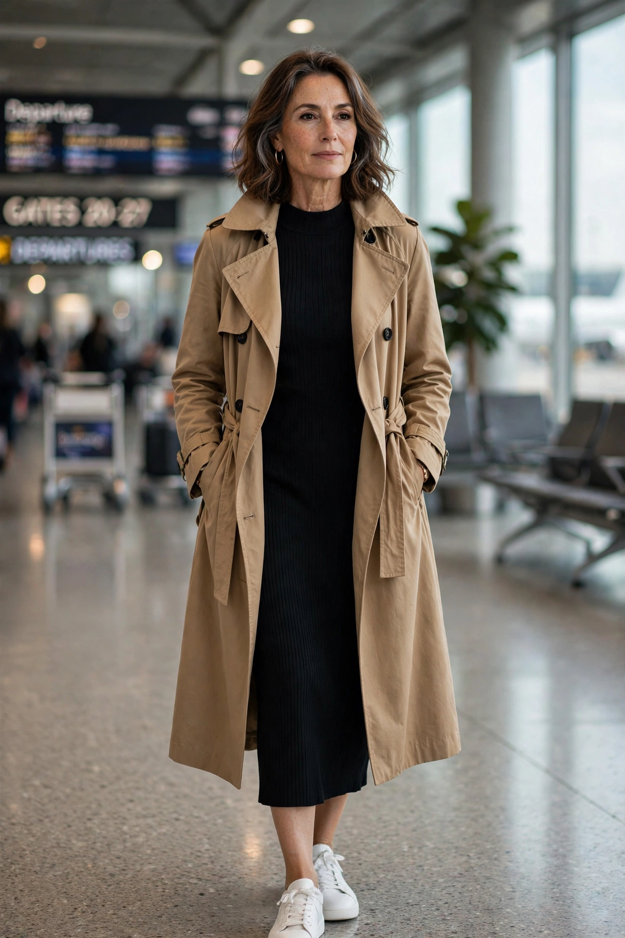Elegant woman in her 50s wearing a camel trench over a black knit dress at an airport