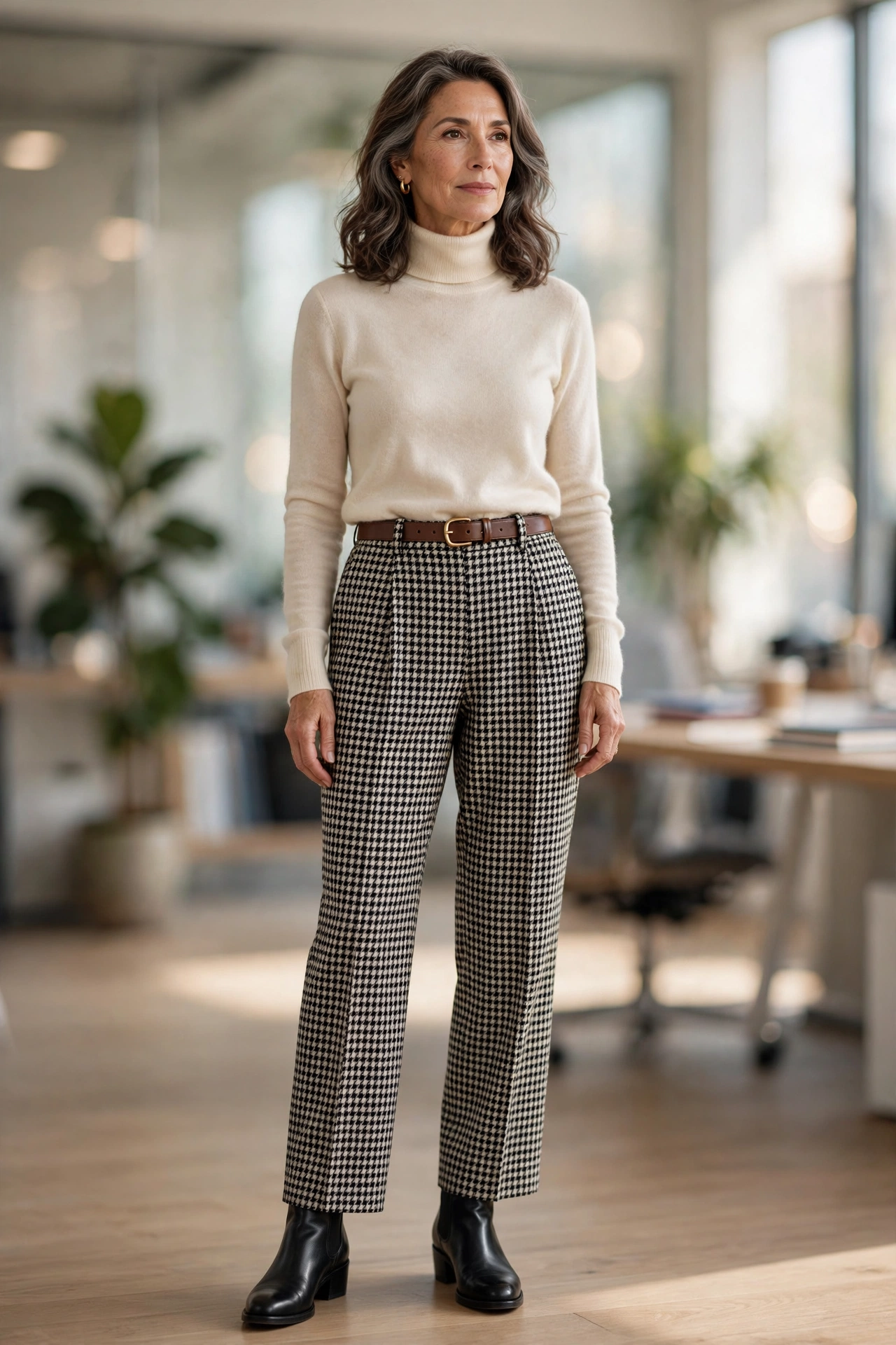 Elegant woman in her 50s wearing a cream turtleneck with houndstooth trousers in an office