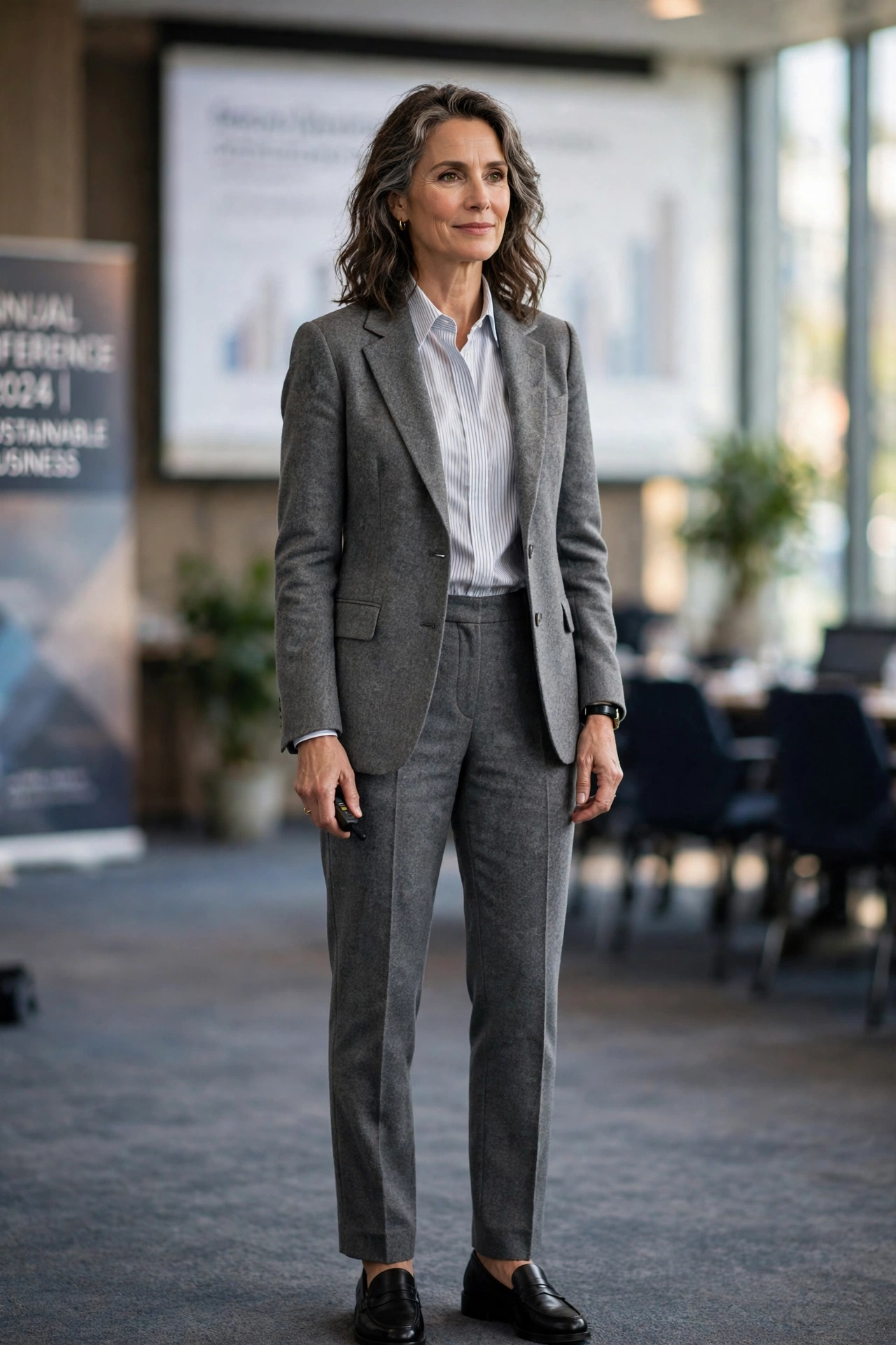 Elegant woman in her 50s wearing a grey flannel suit with a pinstriped poplin shirt at a presentation