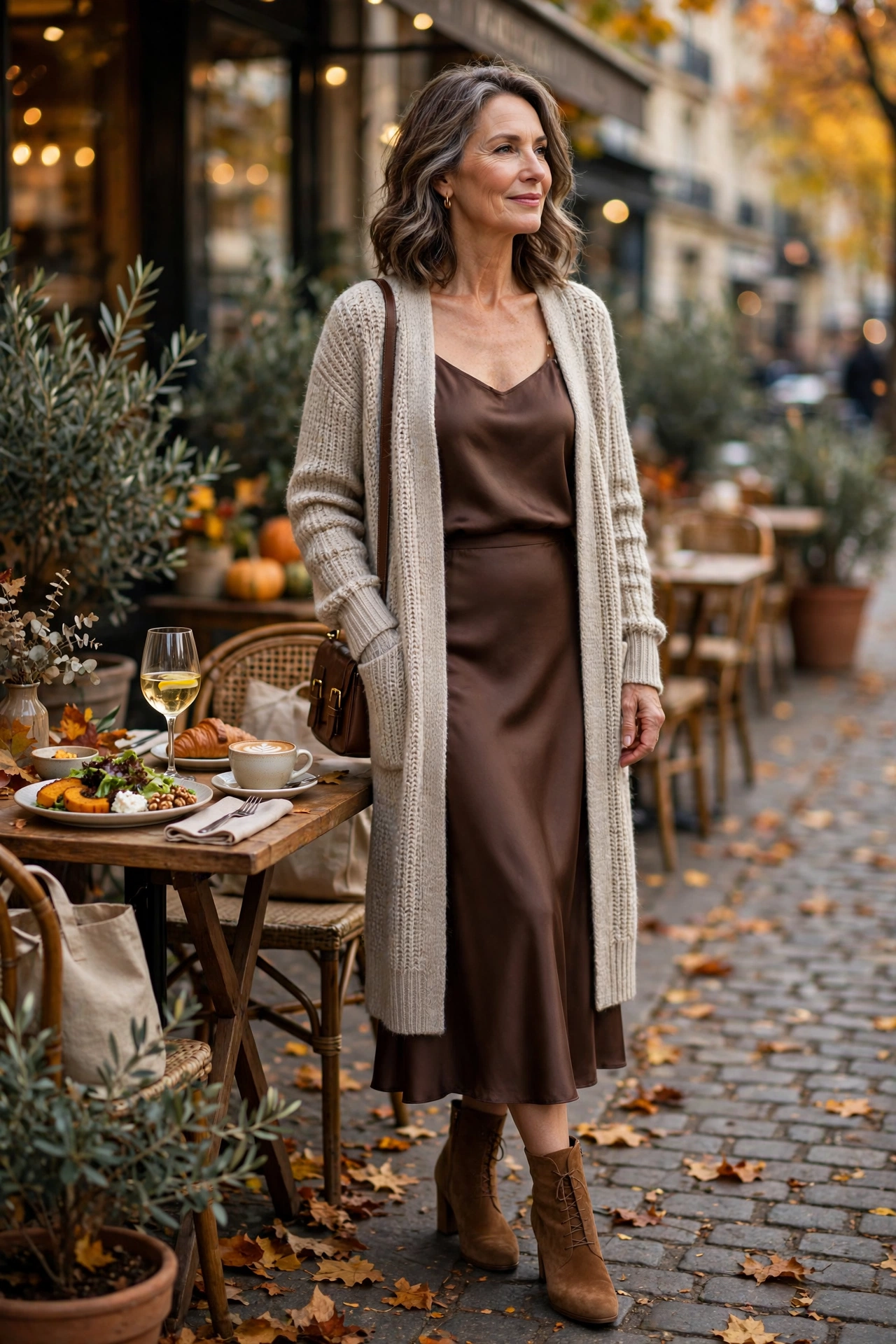 Elegant woman in her 50s wearing an oatmeal cardigan with a chocolate satin skirt at an autumn lunch