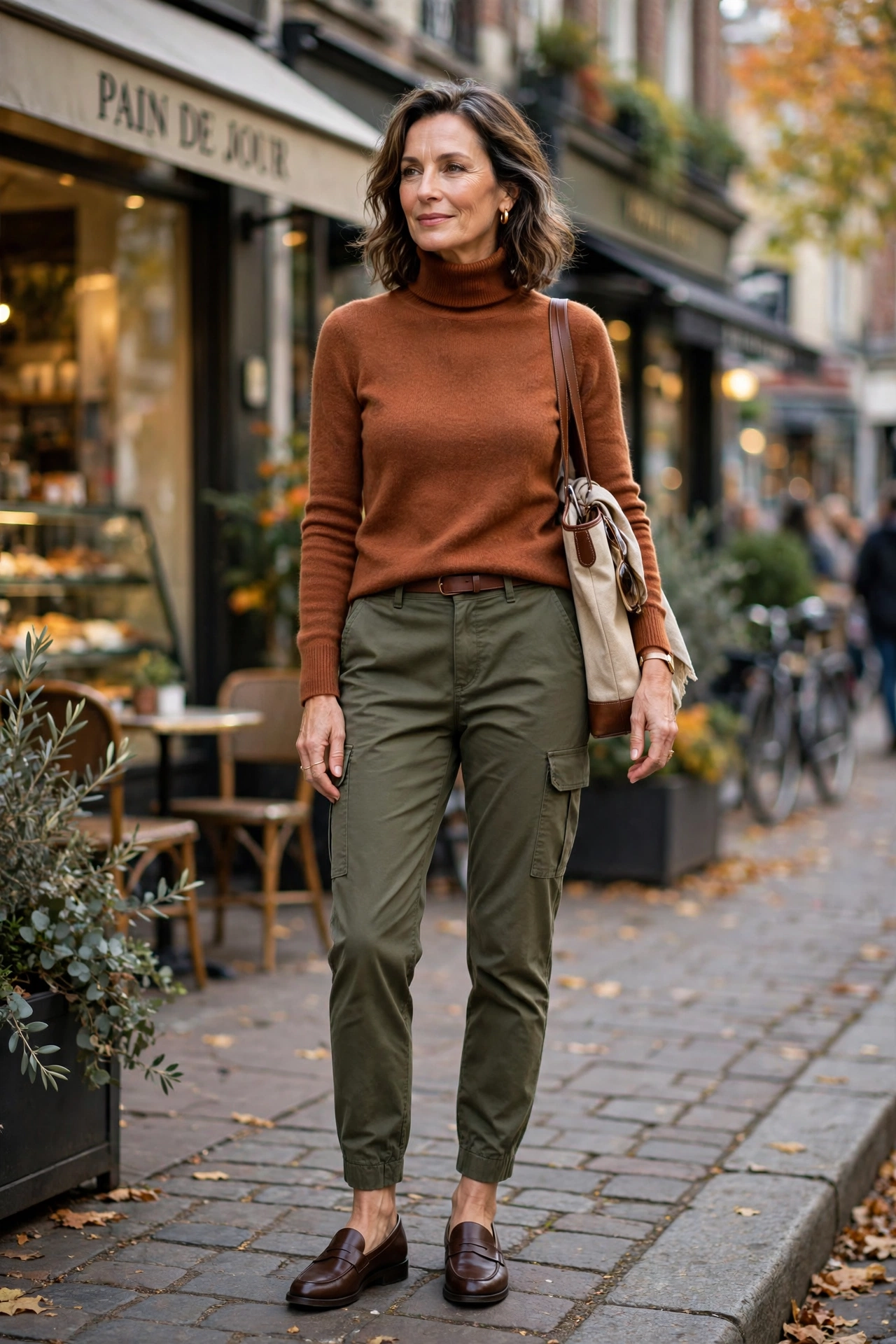 Elegant woman in her 50s wearing a rust turtleneck with olive cargo pants on a weekend outing