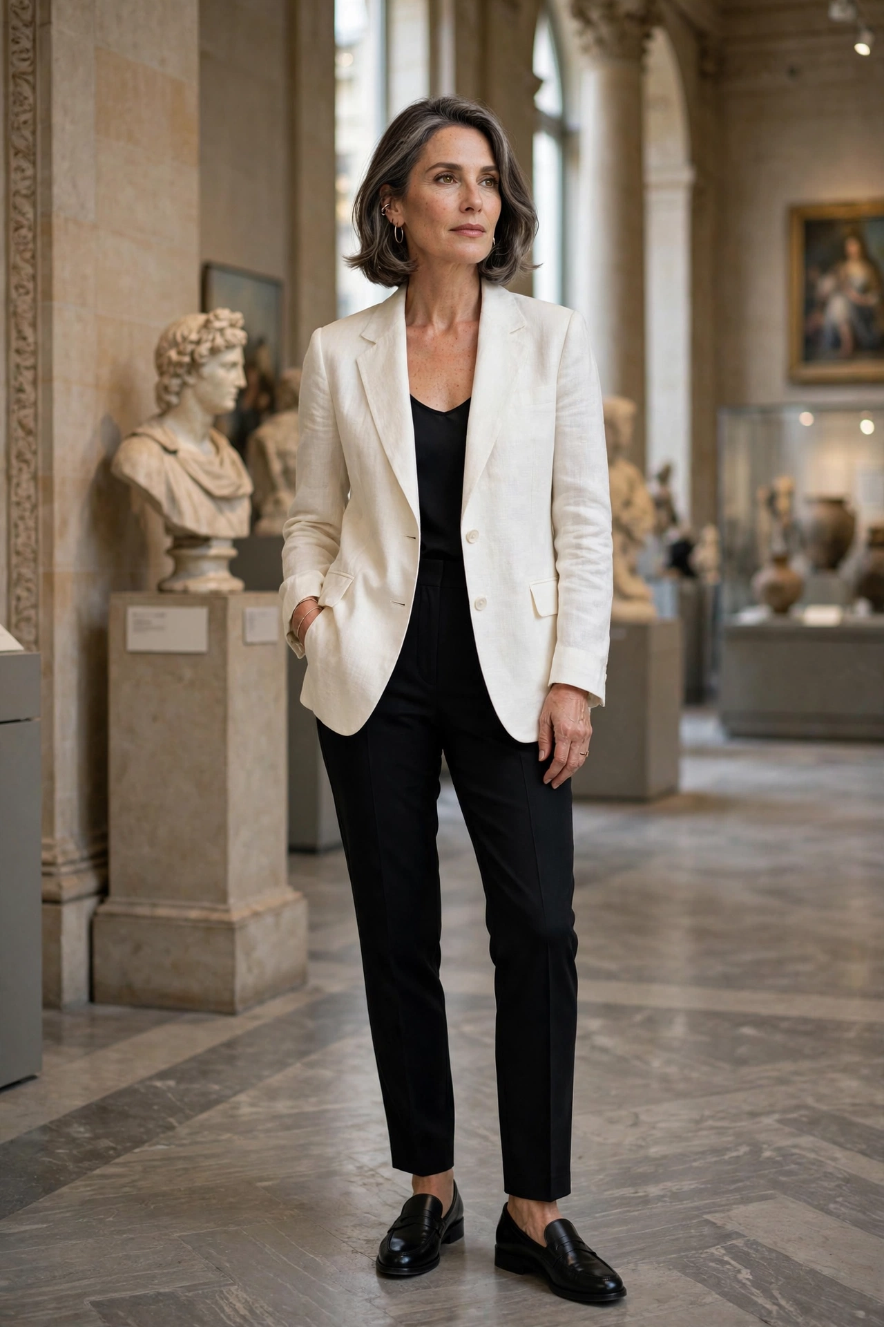 Elegant woman in her 50s wearing an ivory double-breasted blazer with black jeans in a museum